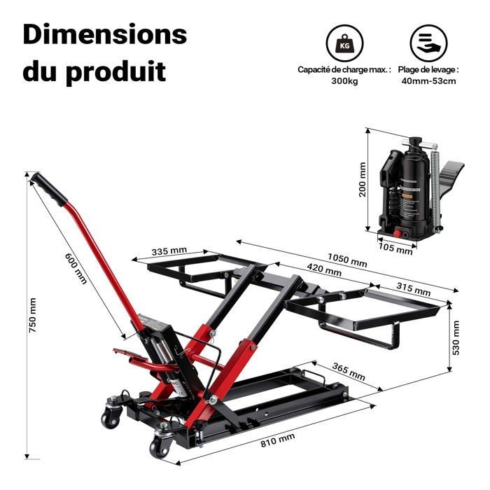 Gato hidráulico Wiltec 3 en 1 – Capacidad máxima 300 kg – Altura máxima de elevación 530 mm – para motocicletas, quads y tractores cortacésped – Sup
