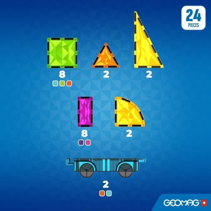 Magnetic Tiles - GEOMAG - Tiles Gems Vehicles - 24 pieces - Crystal effect - Ages 3+