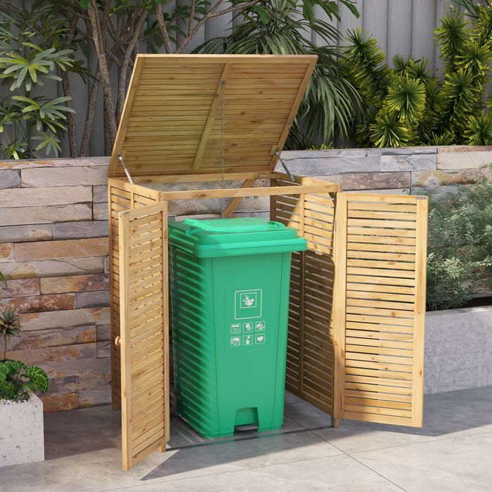 Cache Poubelles de Jardin - RELAX4LIFE - 120 L - en Bois d'Epicéa - Couvercle à Rabat - Chaîne en Métal - Porte Verrouillable