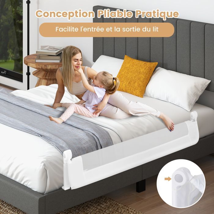 COSTWAY Barrière de Lit Pliable pour Bébé/Enfant 150x52CM en Tissu Oxford Angle 0°-180°avec Mousse Souple, Trous Pré-percés Blanc