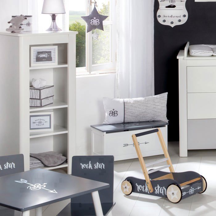 Baúl de juguetes de madera ROBA - Bebé estrella de rock - Tapa con bisagras - Blanco/Gris