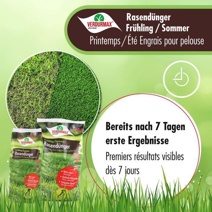 Verdurmax 2 x 5 kg d'engrais pour gazon Printemps & Été – Engrais à libération prolongée avec azote pour 500 m² de gazon vert