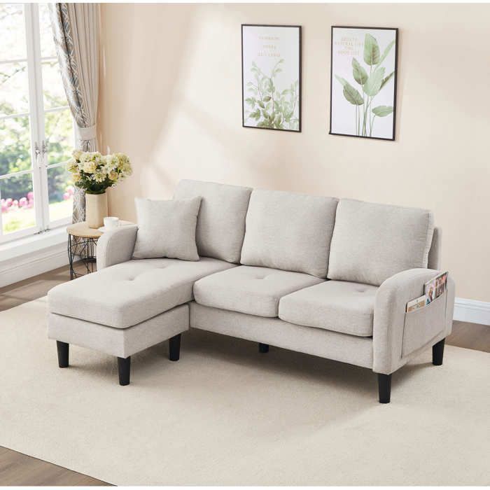 Sofá de canto em formato de L Lemonbest, 166x118x77 cm, sofá de 3 lugares com chaise removível, tecido respirável de algodão e linho - cinza claro