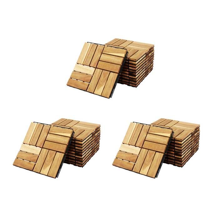 Set di 36 piastrelle per terrazza in legno di acacia, 30x30 cm, con motivo quadrato. Si assemblano a incastro.