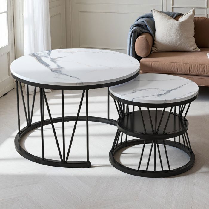 Table Basse salon - Bois Marbre et Pieds Métal - Table basse gigogne - ronde - D 70/45 x H 45/40 cm - Noir et blanc
