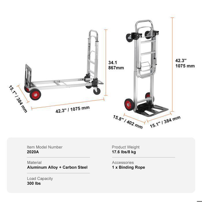 Carrello a mano 2 in 1 in alluminio - DUOKU - Portata 181 kg - Pieghevole - Ruote in gomma - Impugnatura antiscivolo