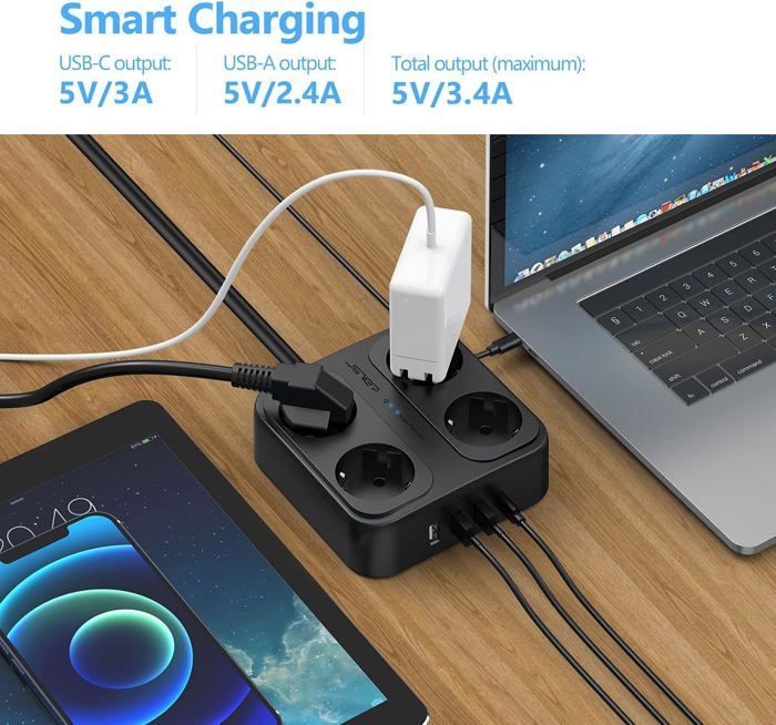 Regleta protectora contra sobretensiones USB de 4 tomas con 3 puertos USB-A + 1 puerto USB-C y cargador (5V 3.4A)