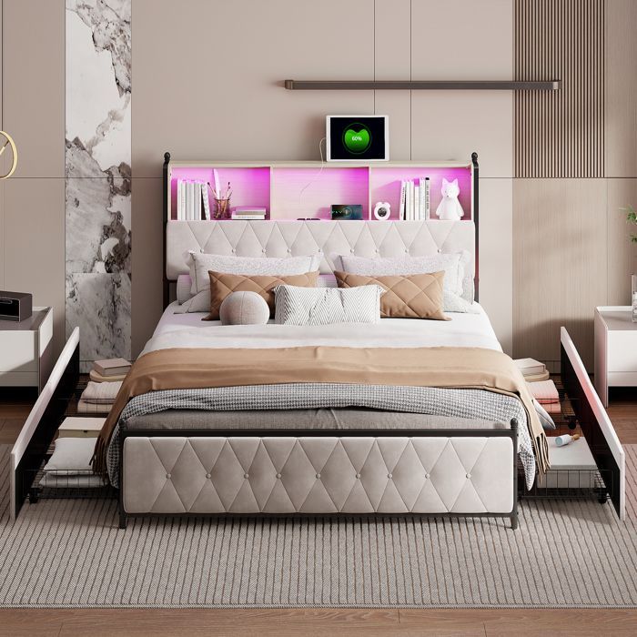 Lit double rembourré 180x200 avec rangement, lit capitonné avec LED, USB&Type-C, cadre de lit avec sommier à lattes, velours beige