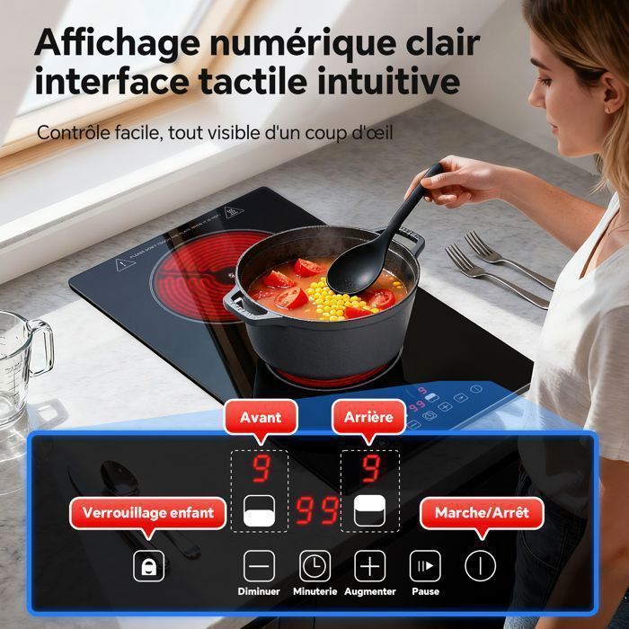 Plaque Vitrocéramique 2 Feux, Plaque de Cuisson, 3000 W,9 Niveaux,Minuterie 1-99 min, Pour toutes les casseroles