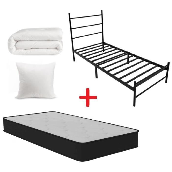 Pack Lit + Matelas + Couette + Oreiller - Noir - 90x190cm - Métal - 1 place - Mémoire de forme