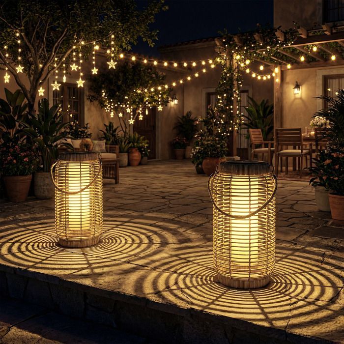 Set of 2 Solar Outdoor Floor Lamps - Garden Lamps - Outsunny - Automatic On/Off - Woven Resin - 18x18x37cm - Sand