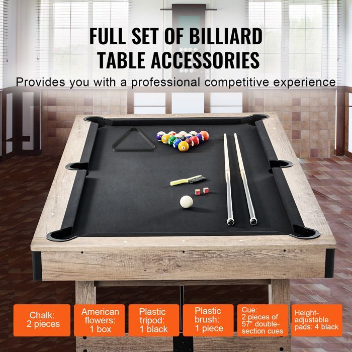 Mesa de billar VEVOR - 213,4 cm - Patas ajustables - Bolas - Tacos - Tiza y cepillo - Acabado en madera con paño negro - Hogar - Club - Cafetería - Bar