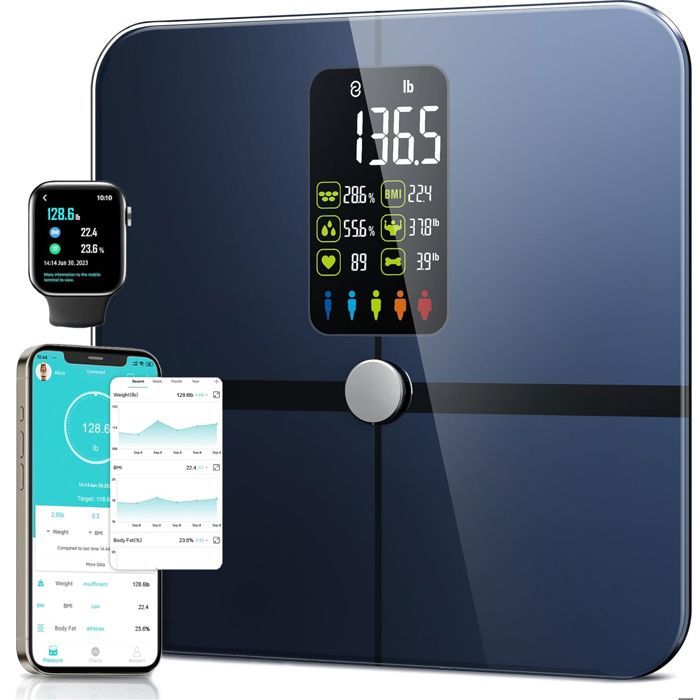 Balance Pèse Personne Connectée avec Affichage VA 15 Données Corporelles et Fréquence Cardiaque pour APP Andriod et iOS Max. 180kg