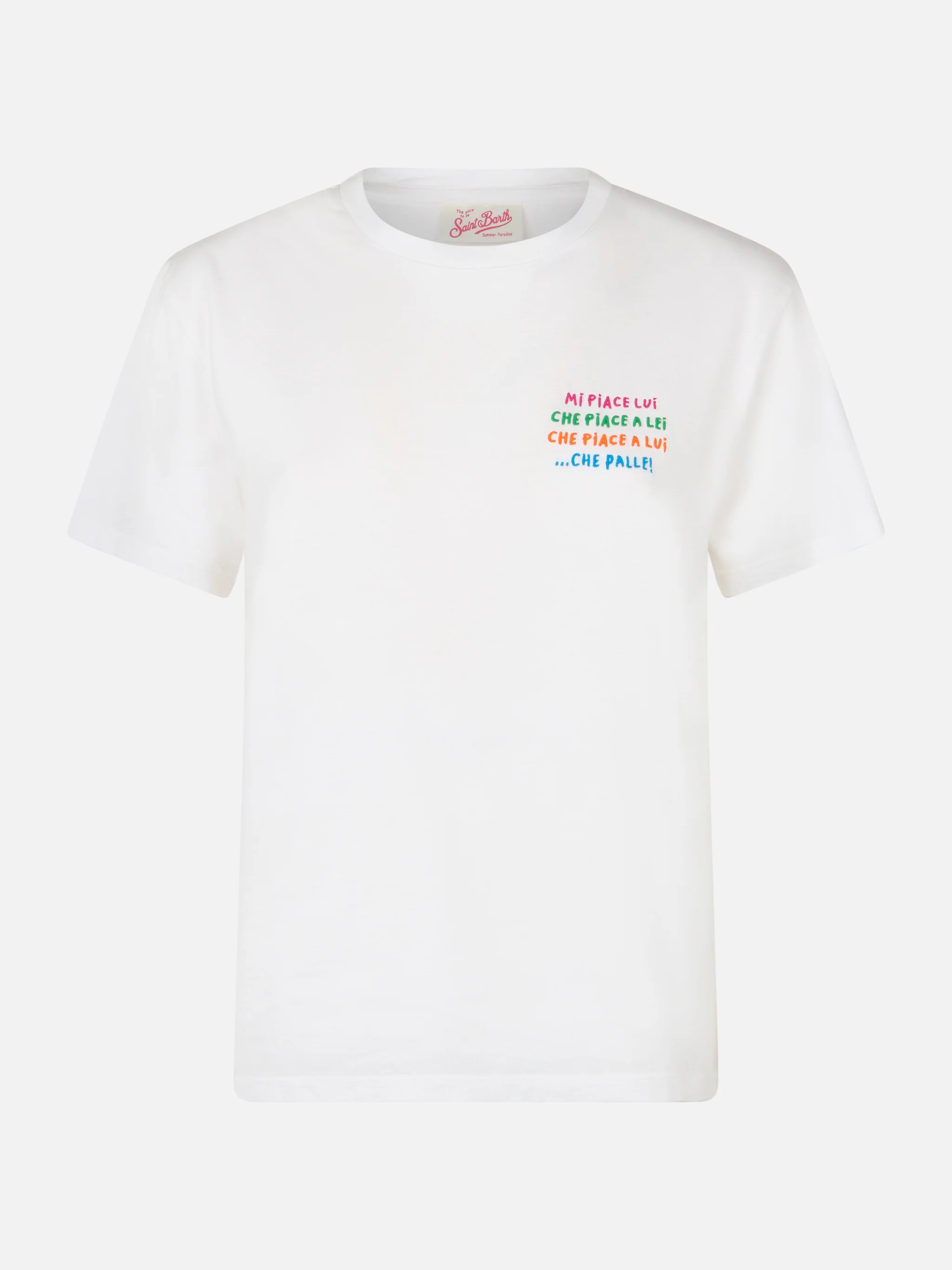 Emilie dames T-shirt met ronde hals, wit, van katoenen jersey, met borduurwerk