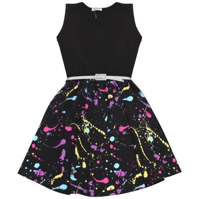 Enfants Filles Panneau Noir Robe Patineuse Pastel Splash Imprimé Fête Top Robes d'été Âge 5 13 Ans