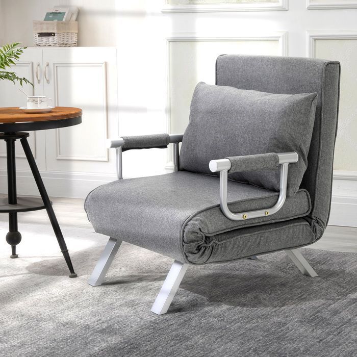 Poltrona/divano letto trasformabile - HOMCOM - 1 posto con rivestimento sfoderabile, alto comfort, gambe in metallo - lino - grigio chiaro