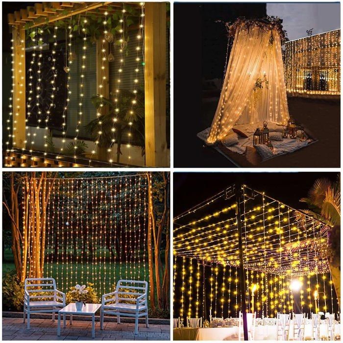 Tenda luminosa solare da esterno, 3 m x 3 m, 300 LED con telecomando, 8 modalità, cascata solare (bianco caldo)