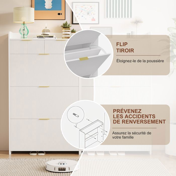 Meuble à chaussures - Armoire a Chaussures avec 3 Abattants et 2 Tiroirs - style minimaliste moderne - Blanc - 133 x 77 x 25 cm