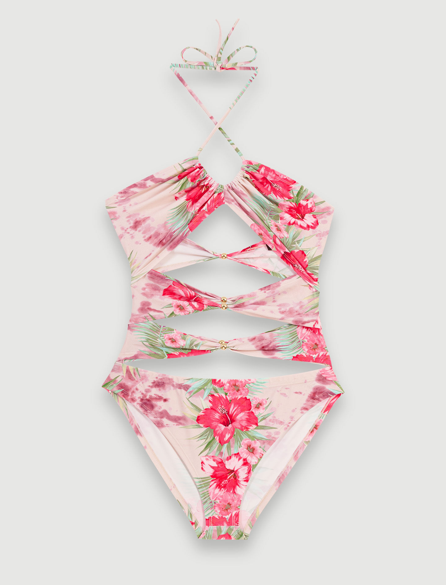 Costum de baie ajurat - Hibiscus Roz/Verde
