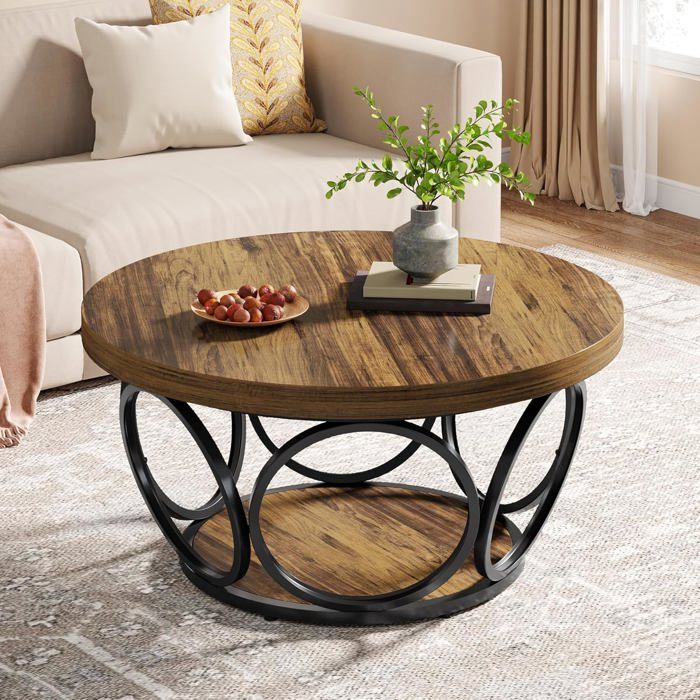 Tribesigns Table Basse Ronde 2 Niveaux, Table de Salon Bois 80 cm, Structure en métal, Industriel Style, Marron Rustique