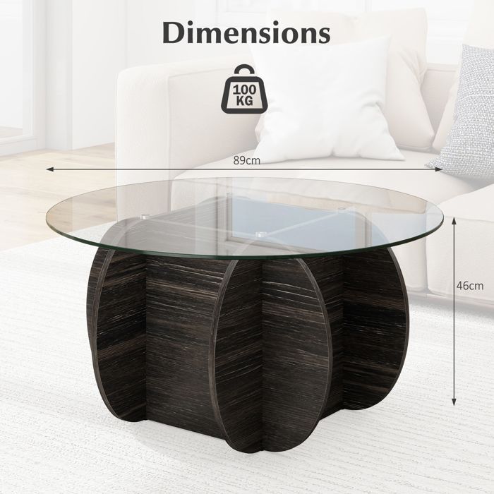 Mesa de centro redonda de 89 cm COSTWAY, tablero de cristal templado, base de madera maciza, compartimento de almacenamiento oculto, capacidad de carga de 100 kg.