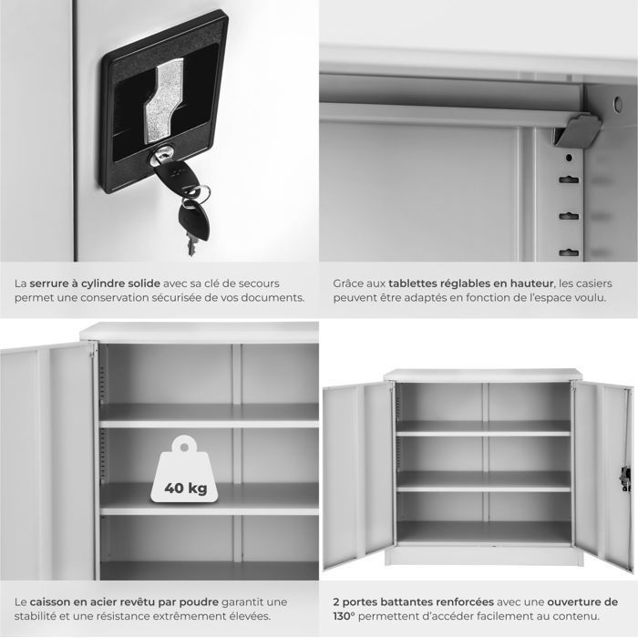 Office storage - TECTAKE - Metal filing cabinet with 2 adjustable shelves - 90 cm x 40 cm x 90 cm - Grey