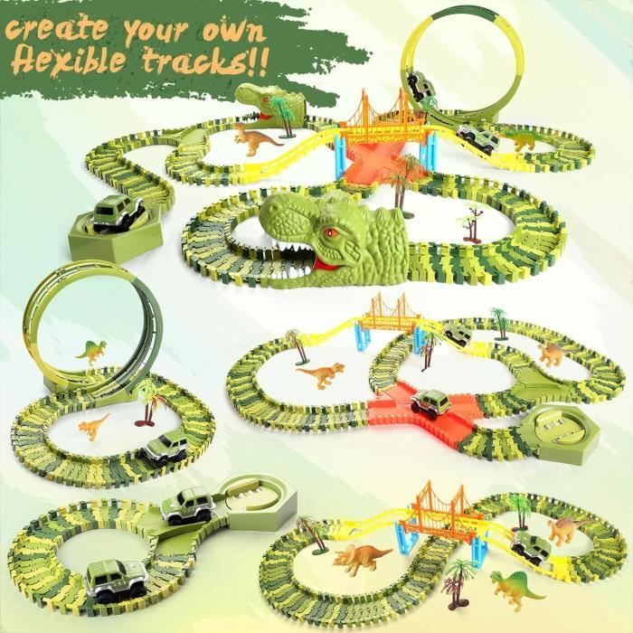 Circuit de voiture - AMOUNE - Circuit Voiture Dinosaure Flexible - 2 voitures - 6 figurines - Piste 360°