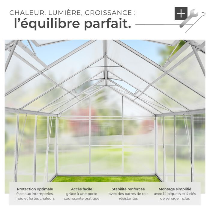 Garden greenhouse - TECTAKE - Outdoor polycarbonate greenhouse, 11.13 m³ surface area, sliding door, 185 x 375 x 195 cm with foundation