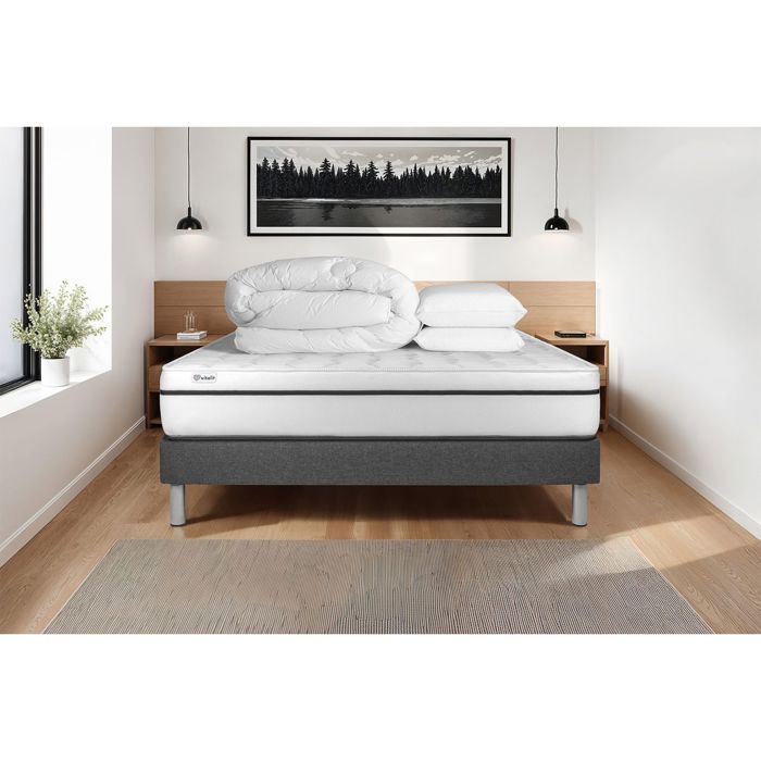 Juego de cama completo: colchón de 140x200 cm + somier de láminas (requiere montaje) + 2 almohadas + edredón - Vital Spa Grey