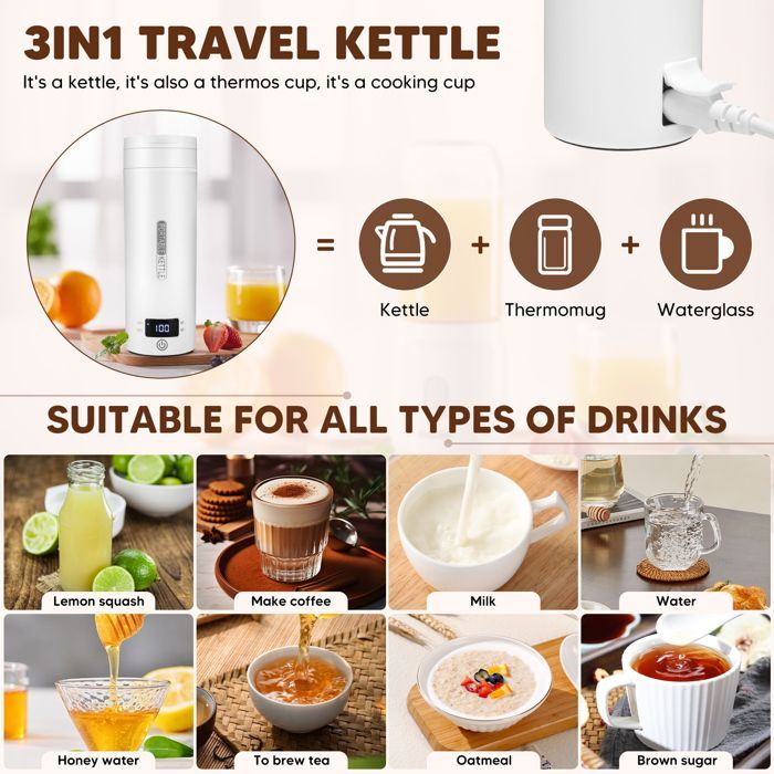 Bollitore elettrico da viaggio TTLIFE da 500 ml, 300 W - Portatile, in acciaio inox 316, bianco