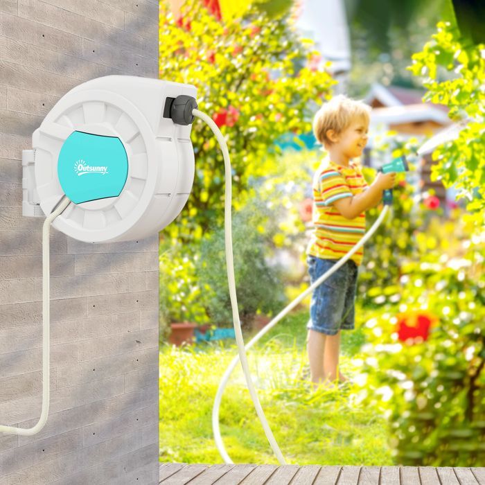 Outsunny Garden Hose Reel - 35+2 m - Wall Mount + Handle - 180° Swivel - 7 Spray Patterns - Light Grey