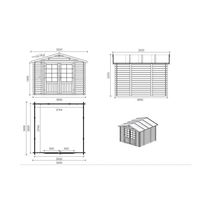 Gartenhaus aus Holz – 9 m² – 3 x 3 m – 28 mm dick – Farbe: Natur – ALTANKA