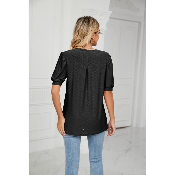 T-shirt Femme Col V Manches courtes Ciselé - Noir - INSFITY - 65% Rayonne, 30% Polyester, 5% Elasthanne