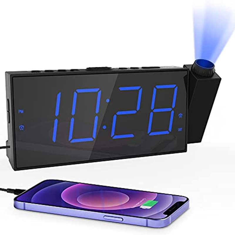 Wekker met LED-projectie voor de slaapkamer, LED-klokprojectie op plafond/muur met USB-telefoonoplaadfunctie, batterijback-up, 180° projector met dimmer, 12/24 uur, zomer-/wintertijd, snooze-functie, dubbele luide nachtklok voor diepe slapers.