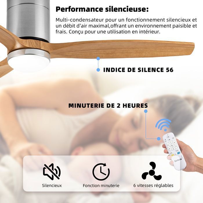 Ventilateur Plafond avec Lumière LED à Intensité Variable, 132 cm, Télécommande/Mode Hiver-Été/Silencieux/Moteur CC 30W/Bois