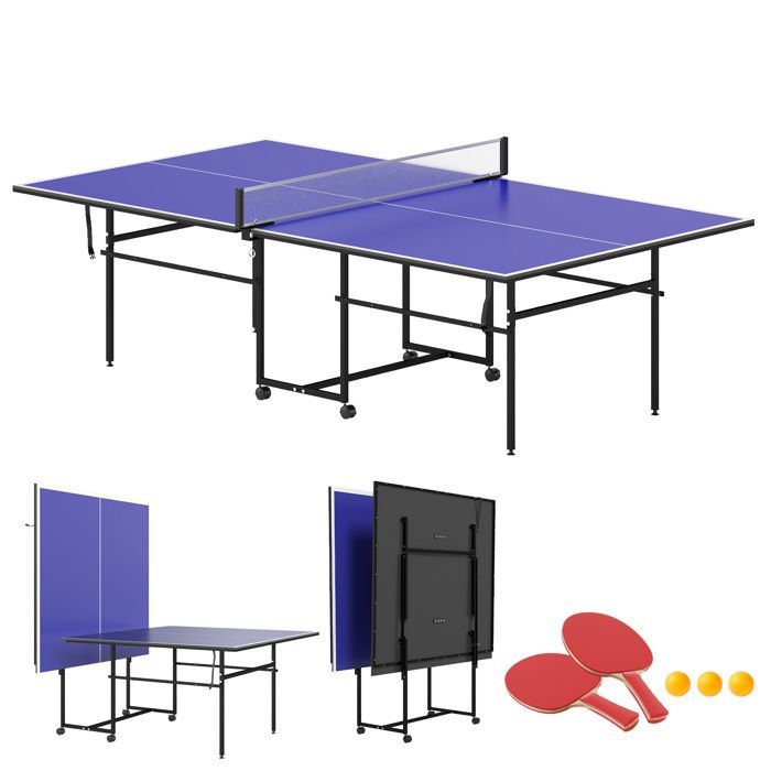 Table tennis table - SPORTNOW - compact folding ping-pong table with 4 wheels for indoor use - wood - 274x152.5x75.5cm - blue