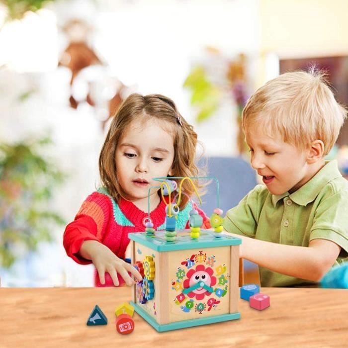 Giocattolo in legno - ZGEER - Cubo attività 5 in 1 - Multifunzionale - Labirinto di perline - Regalo per bambini dai 3 ai 5 anni
