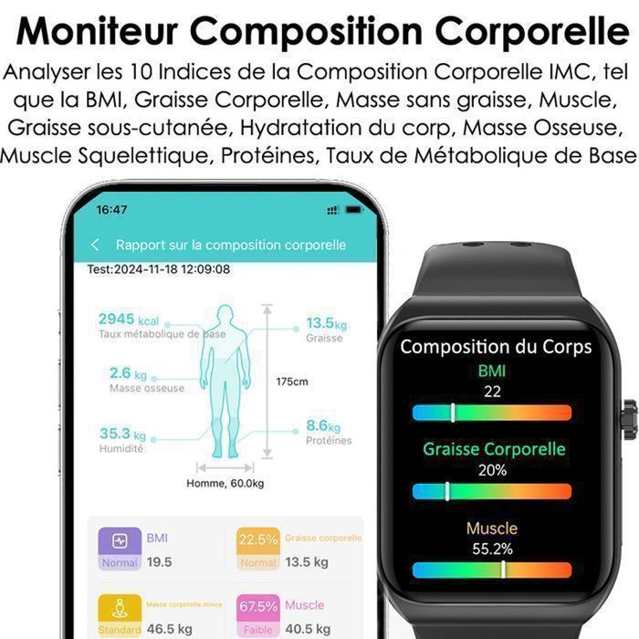 XtraDiTech Montre Connectée ECG Cardiofréquencemètre Thermomètre Moniteur Multiparamétrique Écran HD 1,81 Rectangle 2 Bracelets Noir