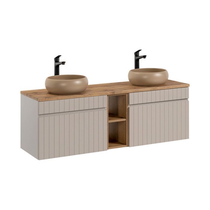 Double vanity unit with countertop basin + 1 cabinet - 140 cm - Emblematic Cashmere