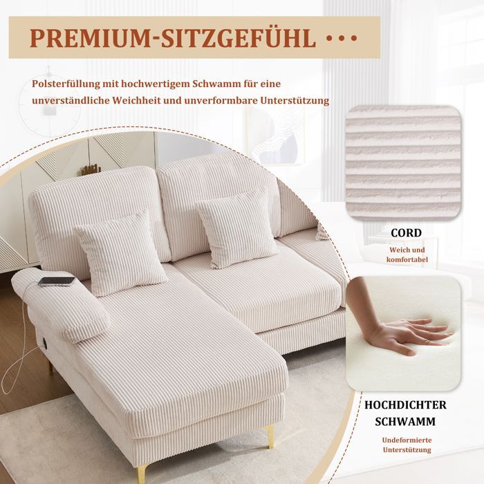 Sofá cama esquinero panorámico en forma de U, de 4 plazas con iluminación LED, 4 cojines, estructura de madera maciza - Pana beige