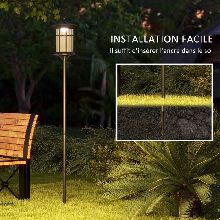 Lampadaire sur pied solaire extérieur jardin avec lampe LED 23,5 x 23,5 x 184 cm noir
