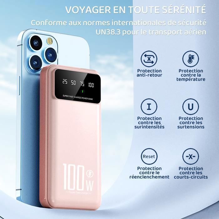 Portable 20000mAh External Battery, 22.5W Fast Charging, 4 Ports, with LED Display and Flashlight, for Smartphones and Tablets - Pink