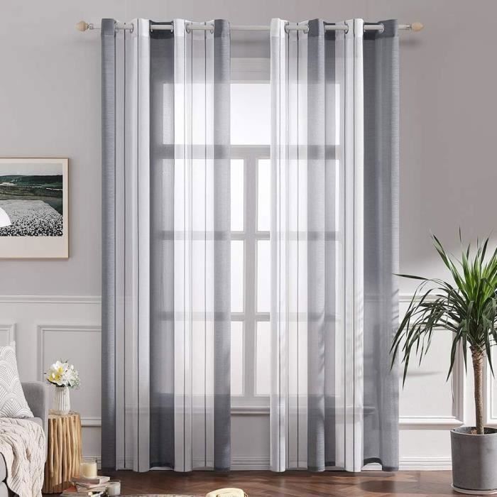 Lot de 2 Rideau Voilage Imprimes Rideaux à Oeillets Panneaux de Rideaux Intérieurs Semi-Transparent Blanc+Gris Rayures,140x260cm