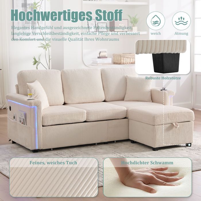 Modular 3-Seater Sofa with LED Lighting, 2 Storage Drawers, Storage Ottoman and Cup Holder - Corduroy - Beige