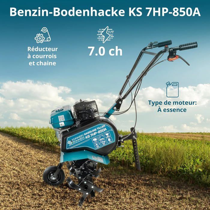 Motocultor de gasolina KS 7HP-850A con transmisión por correa y cadena, púas forjadas, ancho de trabajo ≤ 80 cm