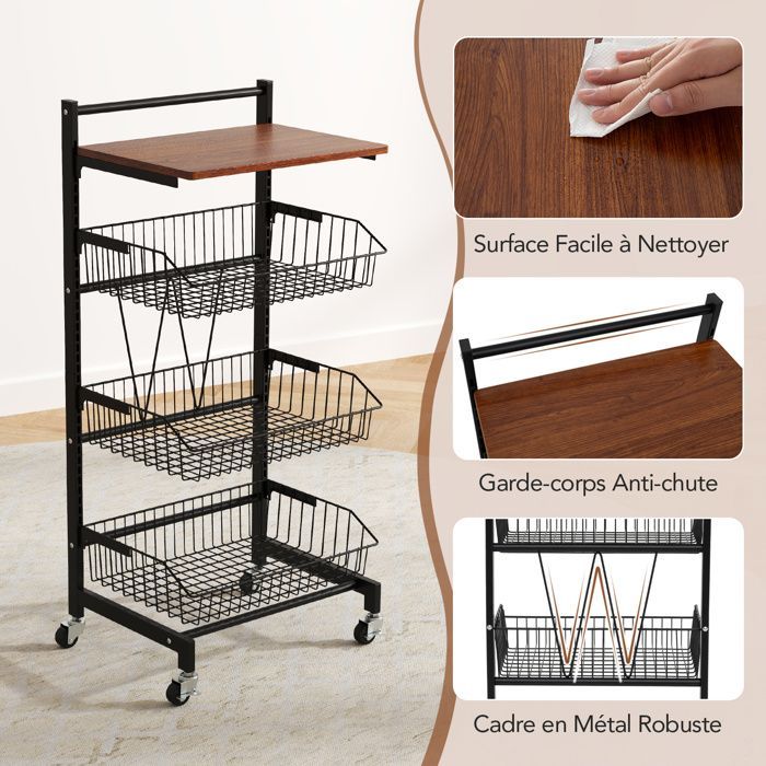Carrito de servicio COSTWAY de 4 niveles con 3 cestas extraíbles, altura ajustable, carrito de cocina rodante para frutas y verduras.
