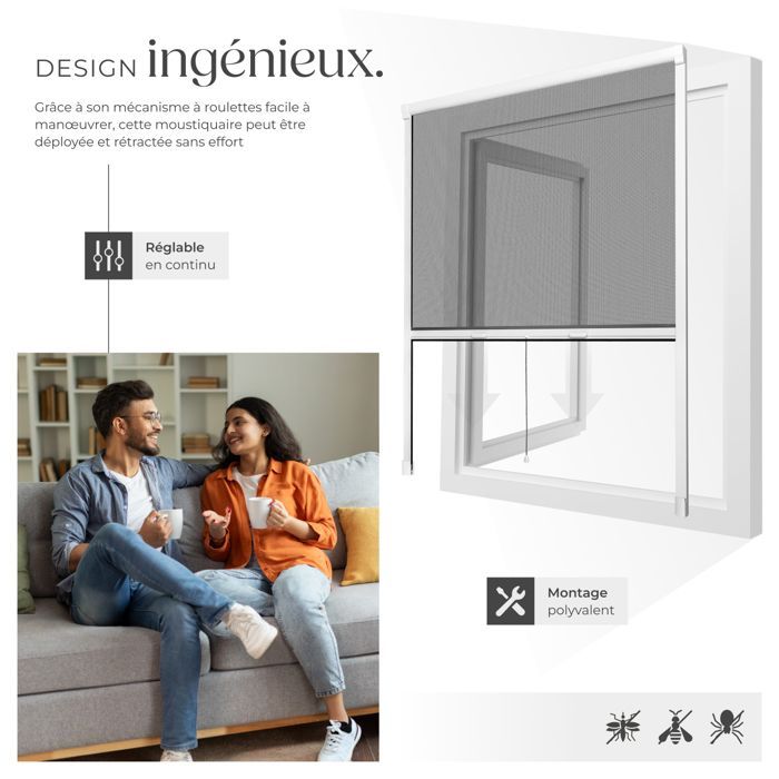TECTAKE - Moustiquaire store enroulable fenêtre, ajustable, anti-UV, 110x160cm - blanc/noir