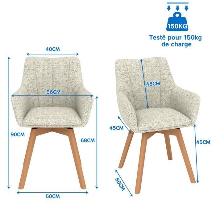 WAFTING Lot de 6 Chaises de Salle à Manger Pivotantes 360°, Accoudoirs et Pieds Bois, Dossier Haut avec Coussin en Molleton.Kaki.