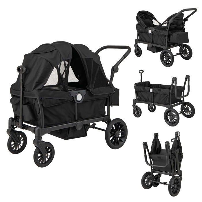 Cochecito doble plegable COSTWAY - Manillar ajustable - 2 capotas extraíbles - Ventana con solapa - Bandeja para comida de 30 kg - Negro