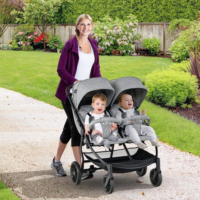 Cochecito doble plegable GOPLUS con respaldo y reposapiés ajustables, cochecito doble con parasol y cesta, para bebés de 0 a 3 años.